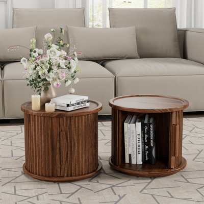 Ensemble de 4 tables basses rondes 4 pièces, tables d'appoint gigognes modernes avec rangement à porte coulissante, table de bout avec canapé et table de chevet au fini noyer pour salon et chambre à coucher, onglet décoratif à colonne romaine cannelée