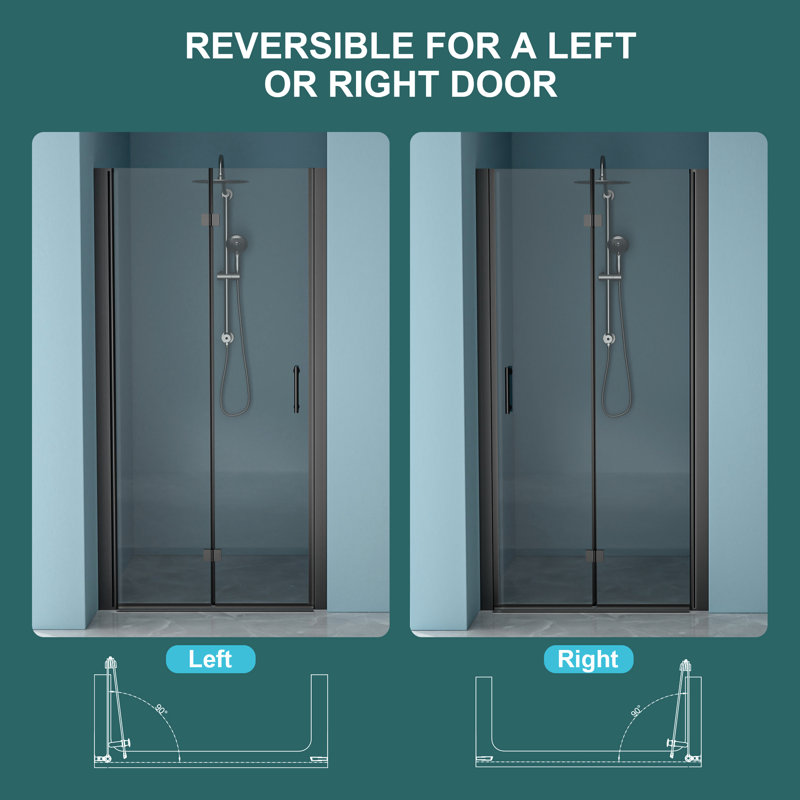 34"w X 72"h Fold Shower Door With Tempered Glass, Matte Black - Bi Design, 1/4 Inch Thick Clear Water Screen , High Grade Stainless Steel Components, Reversible Installation, 180° Overlapping Rotate