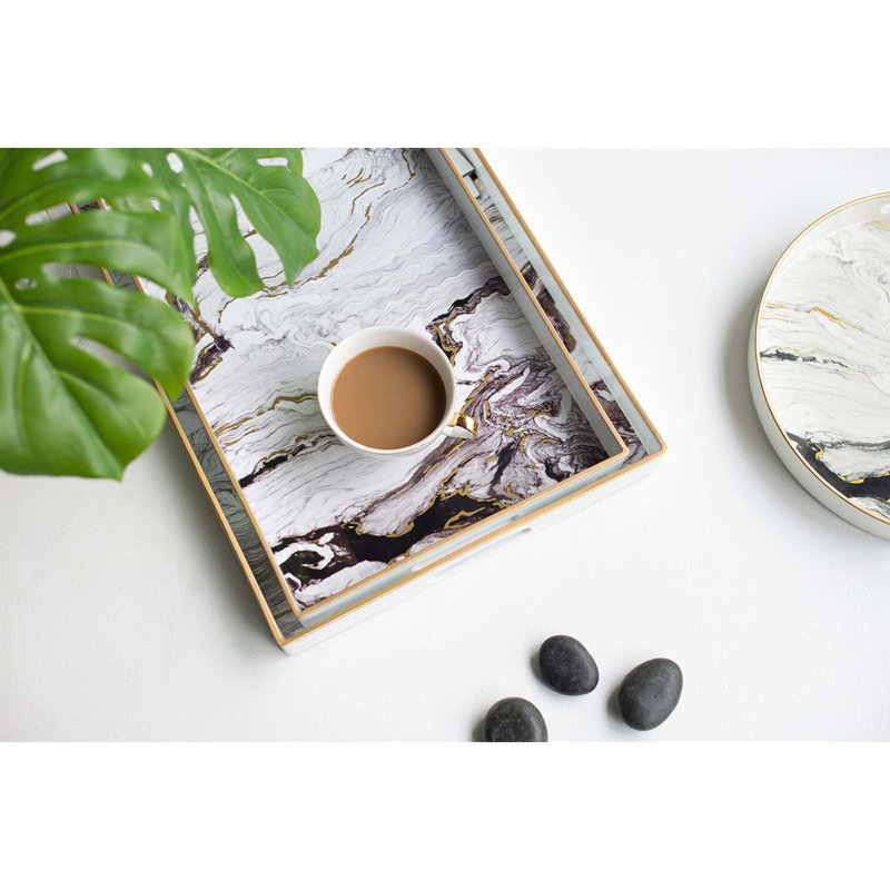 Ensemble de 2 plateaux en plastique avec motifs en marbre blanc et accents dorés, plateaux gigognes décoratifs pour le service