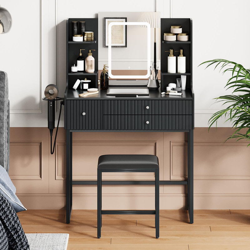 Coiffeuse cannelée avec miroir lumineux et prise électrique, petite coiffeuse moderne dotée de 3 tiroirs et de 4 étagères de rangement pour chambres et appartements