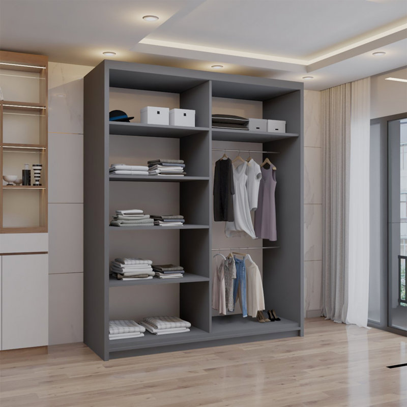 Ashawni 2 Door Laminate Wardrobe, Grey, 217cm H x 180cm W x 62cm D