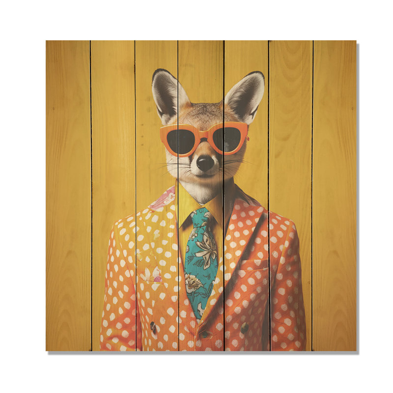 Yellow And Orange Suited Up Fox Fashion I - Fox Animal On Wood Print, 30" H x 30" W