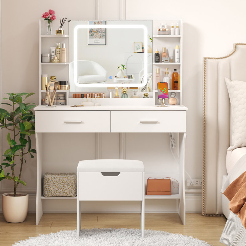 Coiffeuse avec miroir et lumières à DEL, couleur / luminosité réglable, 2 prises de courant / 2 ports USB, bureau de maquillage blanc avec tabouret de rangement, 8 tablettes ouvertes, 2 tiroirs, 2 supports à rouge à lèvres, tablette inférieure