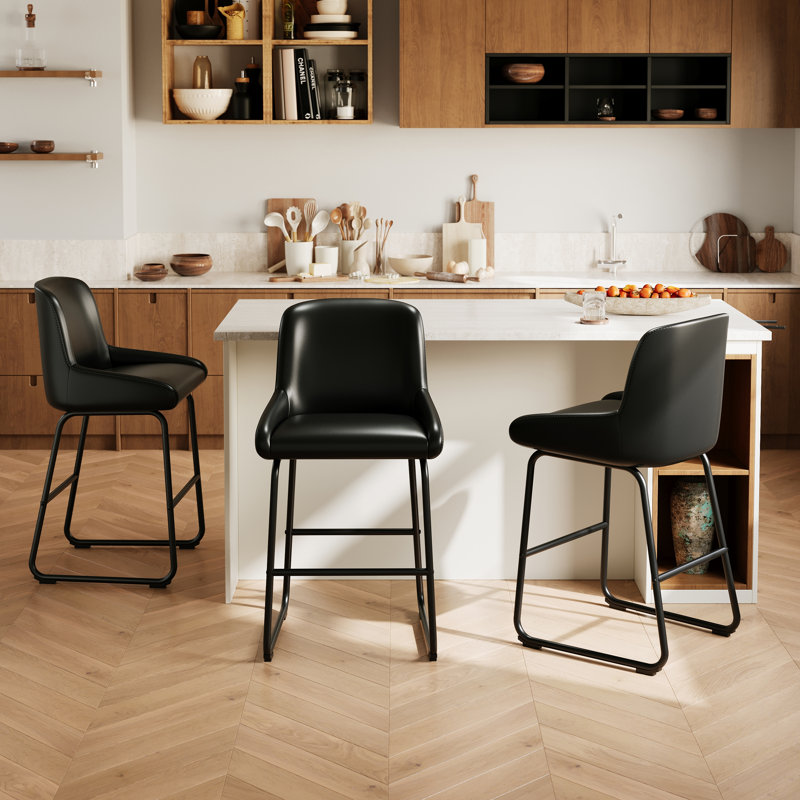 Counter Height Bar Stools Set of 3, PU Leather Barstools with Back and Footrest, Modern Industrial Metal Frame Armless Bar Chairs for Kitchen Island, Counter, Black