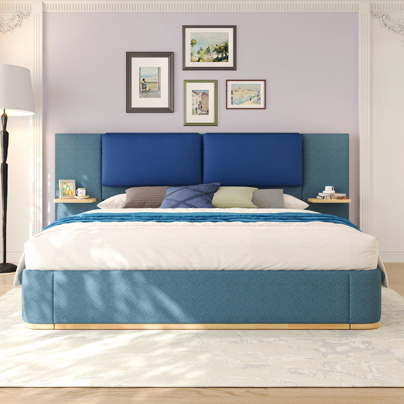Upholstered Platform Bed With Panel, Blue, Queen