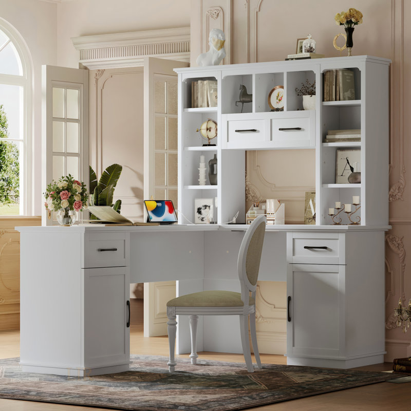 Bureau d'ordinateur en L avec 2 armoires, 2 tiroirs, 11 tablettes ouvertes et prise de courant pour bureau et bureau, Blanc