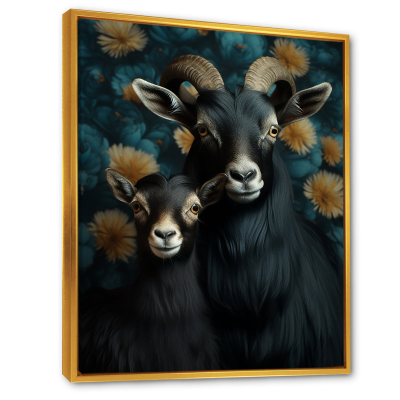 «Black Goat Family Blooms» - art mural animal de chèvre, Cadre flottant doré, 44" H x 34" W