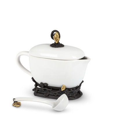 White Stoneware Sauce Boat with Ladle and Metal Gold Leaf Base.