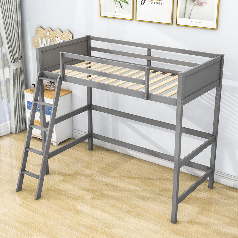 Lit mezzanine simple en bois avec échelle, gris