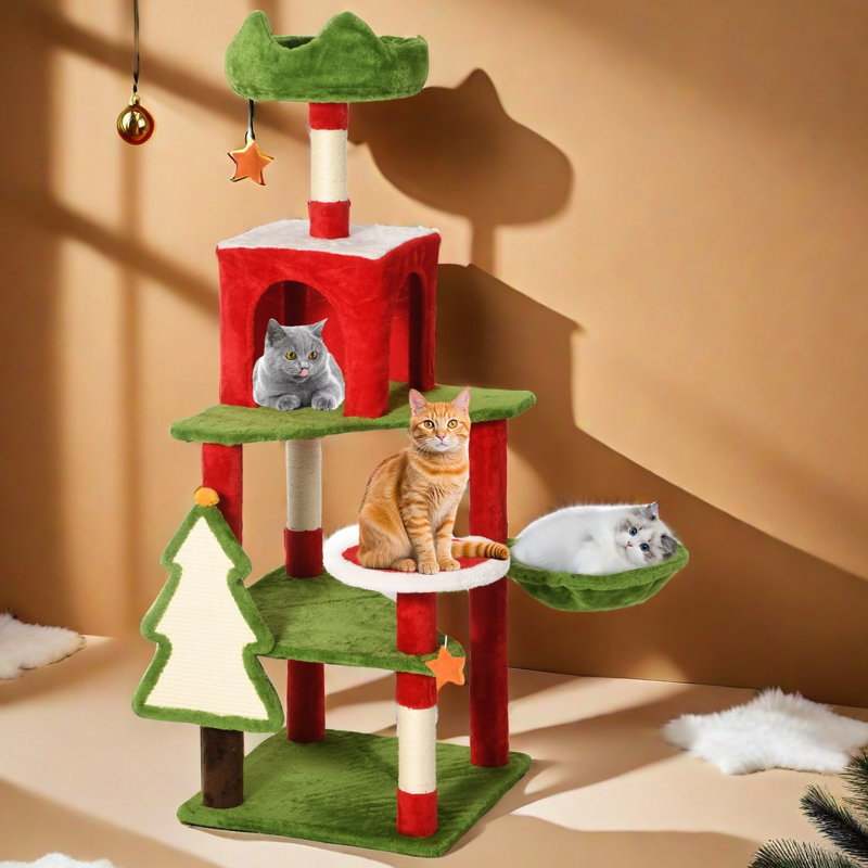 Arbre à chat 54 po H 54 po à plusieurs niveaux avec hamac perchoir, poteaux à griffes, rampe et étoiles ludiques