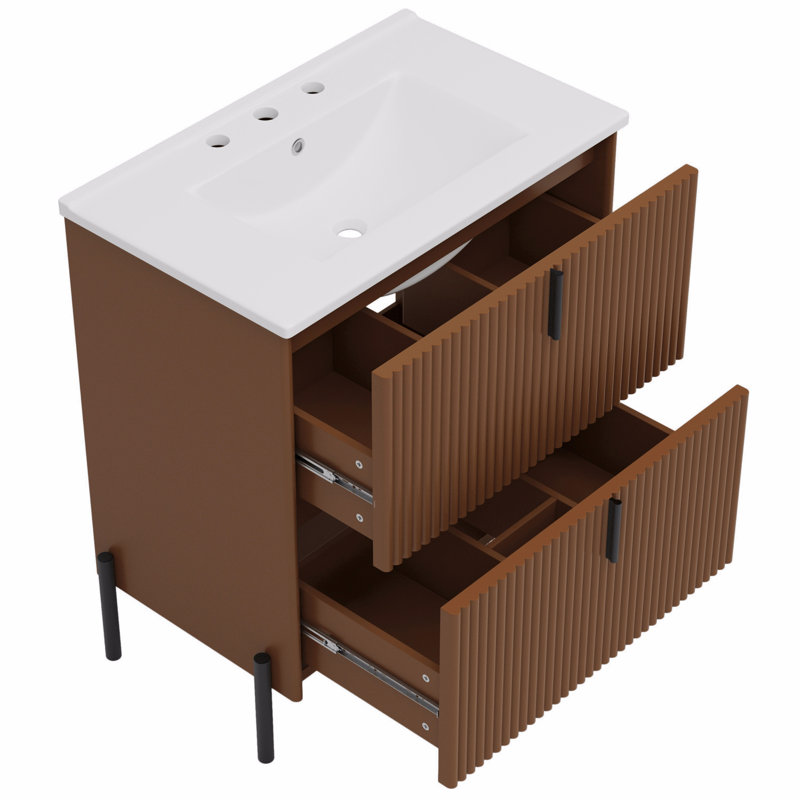 30" Bathroom Vanity With Ceramic Sink, Equipped With Vertical Pulls And Full-Extension Drawers, Freestanding Bathroom Vanity With Soft Close Drawer Slides, Fluted Design