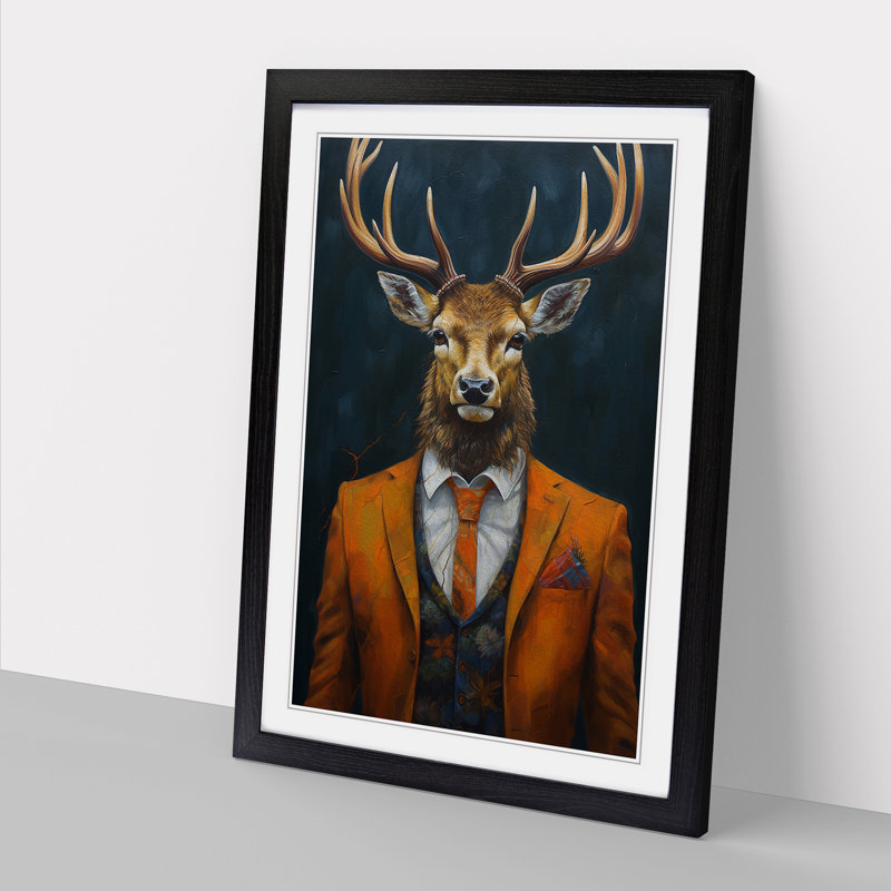 Stag In A Suit Painting No.4 - Single Picture Frame Print on Wood, Black Framed, 46cm H x 34cm W
