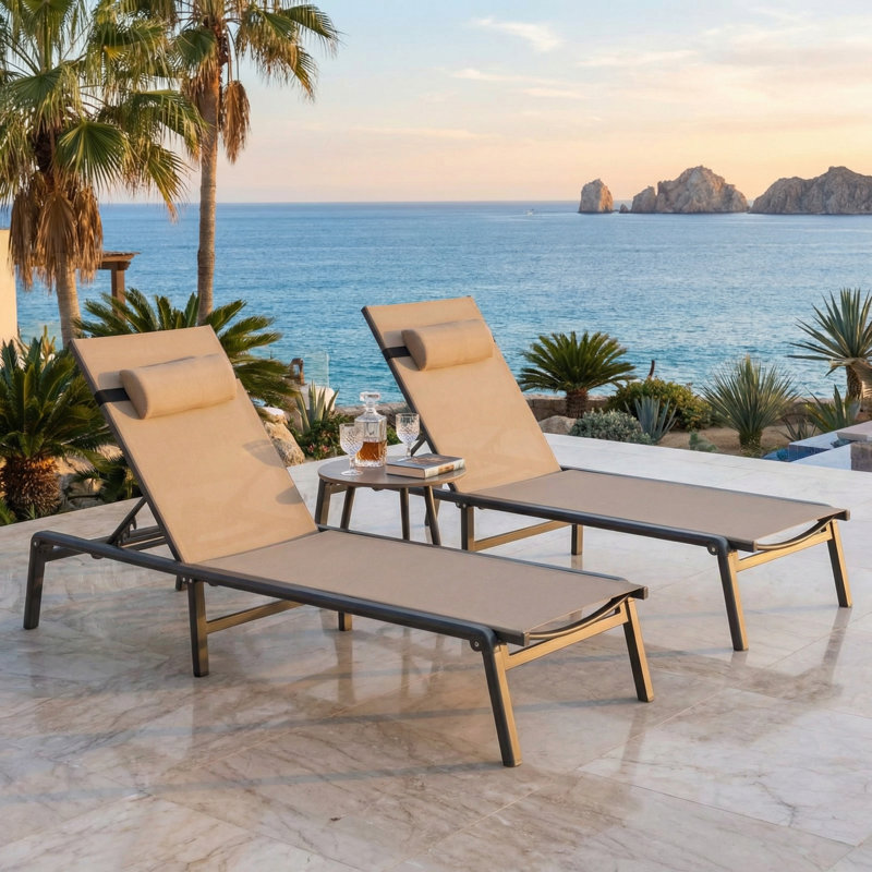 Ajoku 2 PCS Aluminum Foldable & Fully Assembled Outdoor Chaise Lounge With 5 Position Adjustable Backrest and Pillow, Khaki