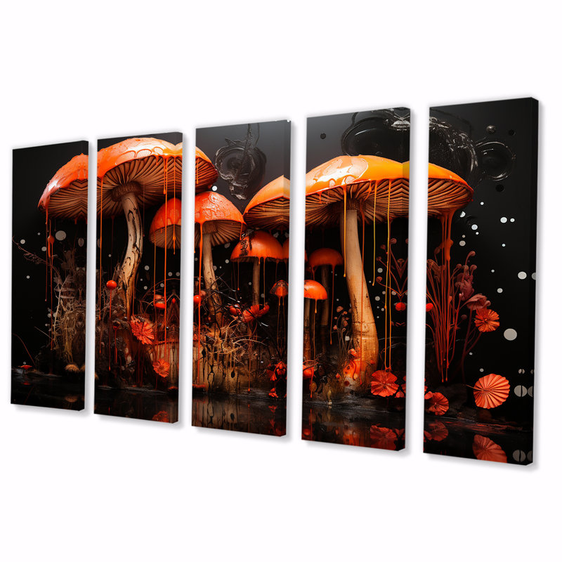«Muschroom Dreamscape Forest IV - Fantasy», art mural 5 pièces pour le salon, H 32 po x l 80 po