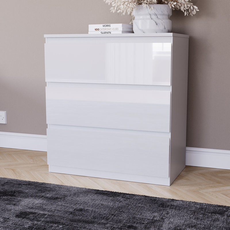 Oslo 3 Drawer High Gloss Chest, (FSC 100%) Bedroom Home Furniture, White