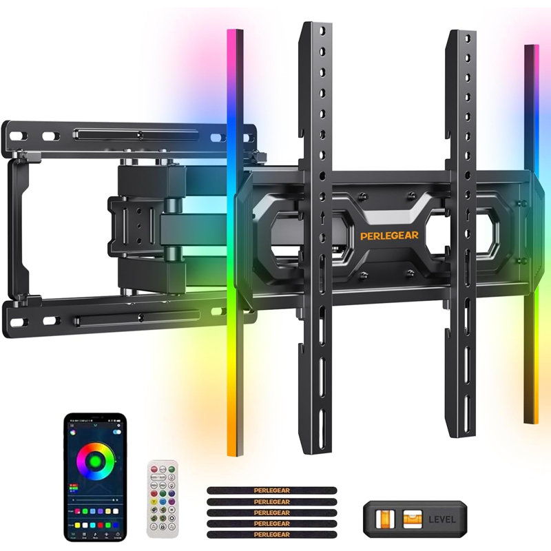 Support mural pour téléviseur à mouvement complet pré-assemblé avec lumières DEL Sync de Perlegear, inclinaison pivotante pour téléviseurs de 26 à 65 po, charge de 99 lb, VESA 400 x 400 mm, compatible avec les montants de 12/16 po