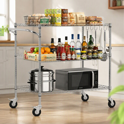 Kitchen Utility Cart, 3 Tier Heavy Duty Adjustable Wire Storage Rack, Commercial Steel Rolling Service Trolley on Wheels, Work Table with Handle Bar, for Garage and Laundry Room, 40x25x40.9 in