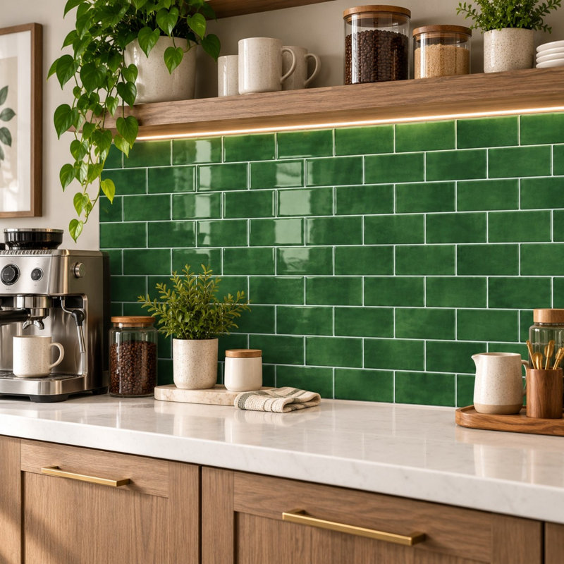 10-Sheet Green Subway Peel-and-Stick Backsplash Tile with 3D Glossy Finish