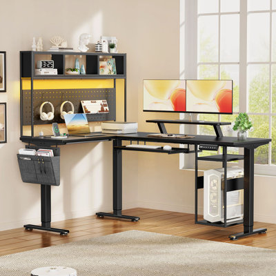 Bureau debout à hauteur réglable en forme de L avec lumières à DEL et prise de courant, avec rangement