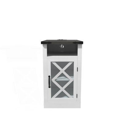 Farmhouse End Table With Charging Station, Rustic Nightstand With Barn Door & Adjustable Shelf