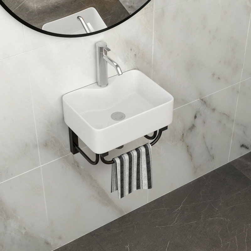 Lavabo de salle de bain mural rectangulaire en céramique 16 po x 12 po avec barre à serviettes et trou pour robinet
