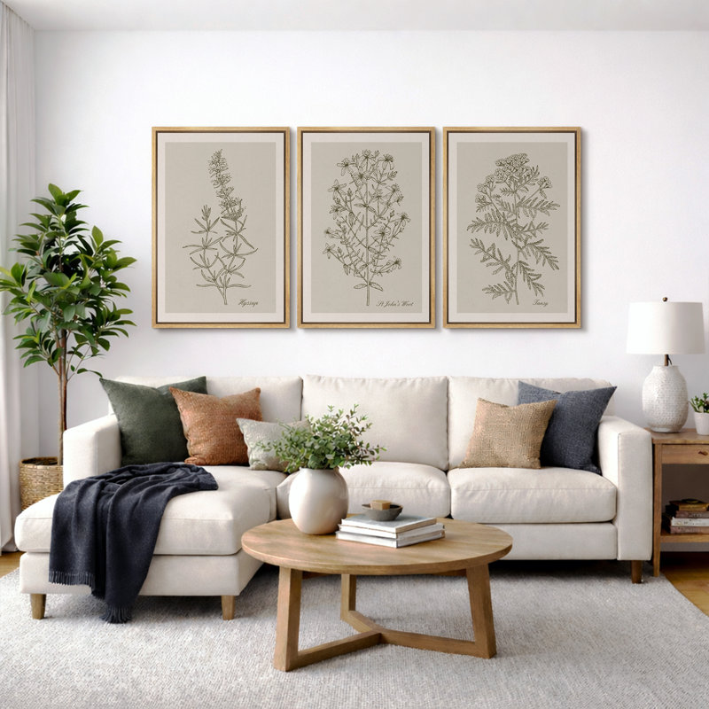 Minimal Botanical "Duotone Beige Green Classic Artwork, Simple Neutral Botanical Wall Pictures, Large Framed Canvas Giclee Print 3 Pieces Wall Art Set"  16"x24"x3 pcs, 24"x36"x3 pcs