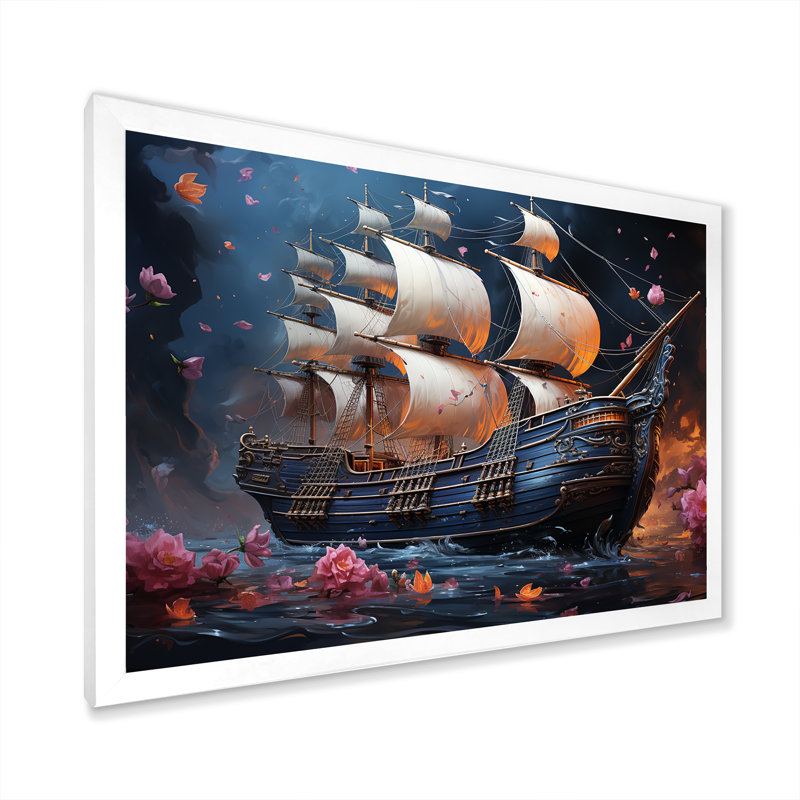 Pirate Ship Nightly Voyage III - Art mural pirate, Cadre de coin blanc fermé, H 16 po x l 32 po x P 1 po