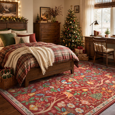  Tapis lavable rétro de Noël avec cerf Woodland, tapis décoratif à poils courts pour la cuisine du salon, de l'entrée et du salon