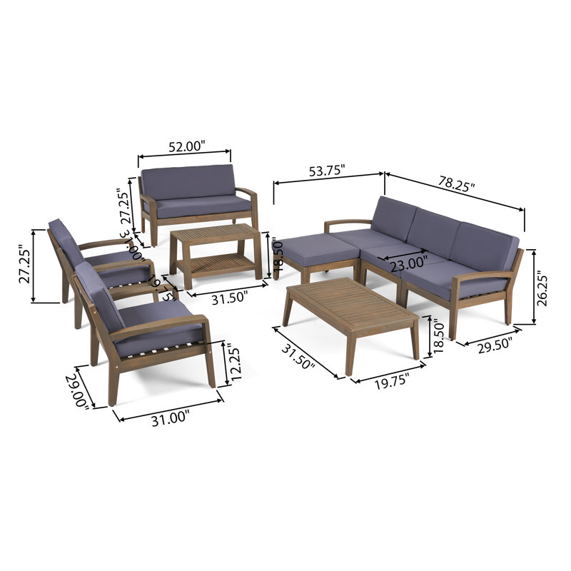 Sait Acacia 7 - Person Patio Conversation Set with Cushions, Dark Gray Frame/Gray Cushion