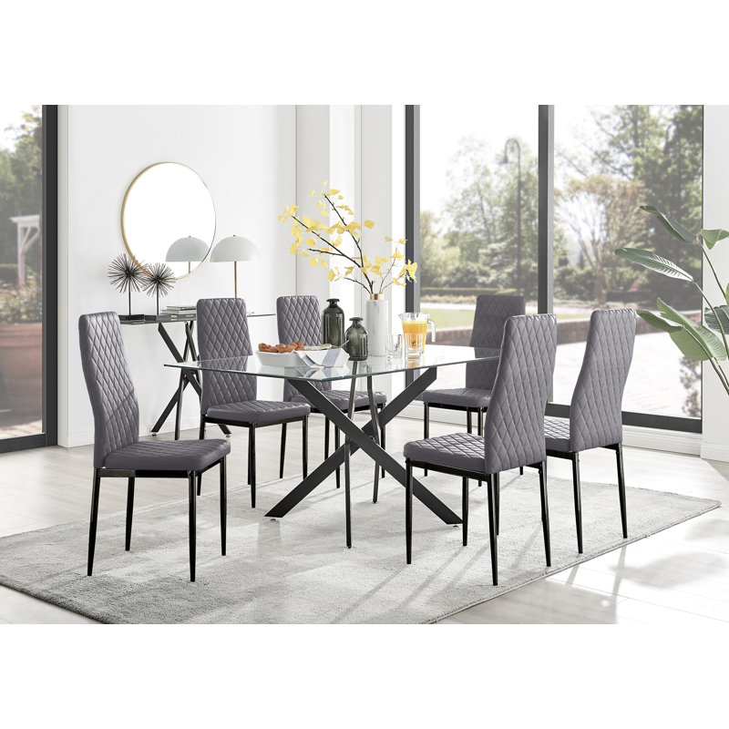 Lenworth Glass Rectangular Dining Table Set with 6 Quilted Velvet Dining Chairs, Silver, Grey