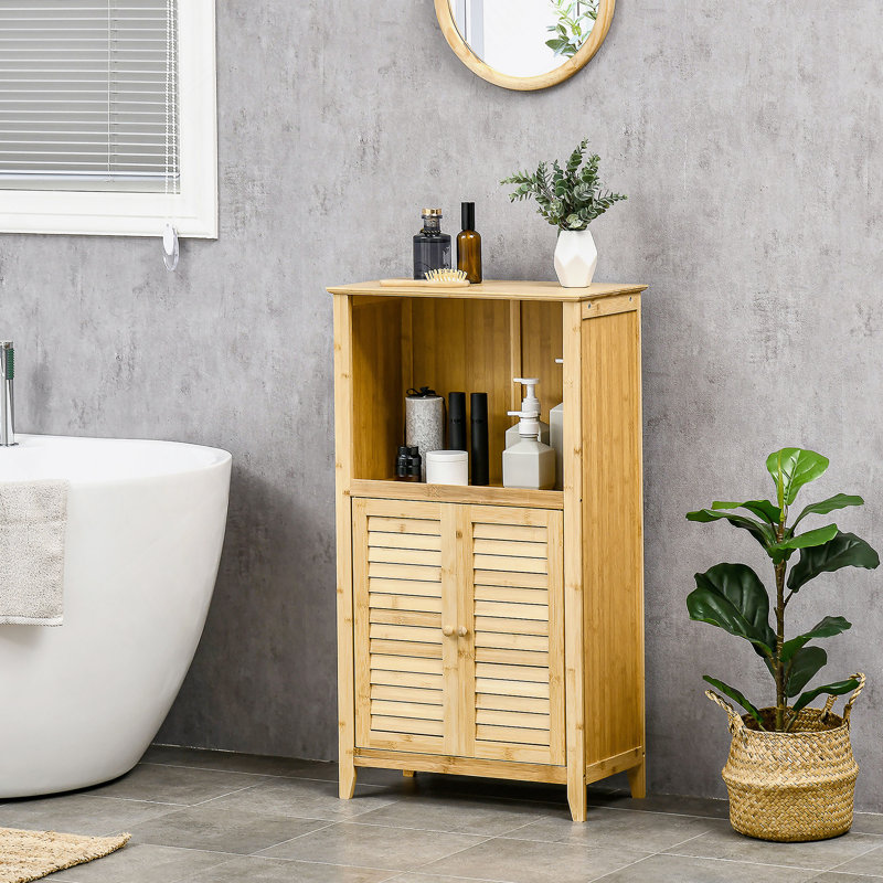 Bamboo Floor Cabinet Bathroom Floor Cabinet Living Room Organizer Tower With Multiple Shelves And Doors, Natural