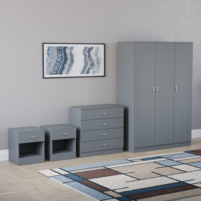 Tayce 4 Piece Bedroom Set (1 Drawer Bedside Chest X2, 4 Drawer Chest, 3 Door Wardrobe), Grey