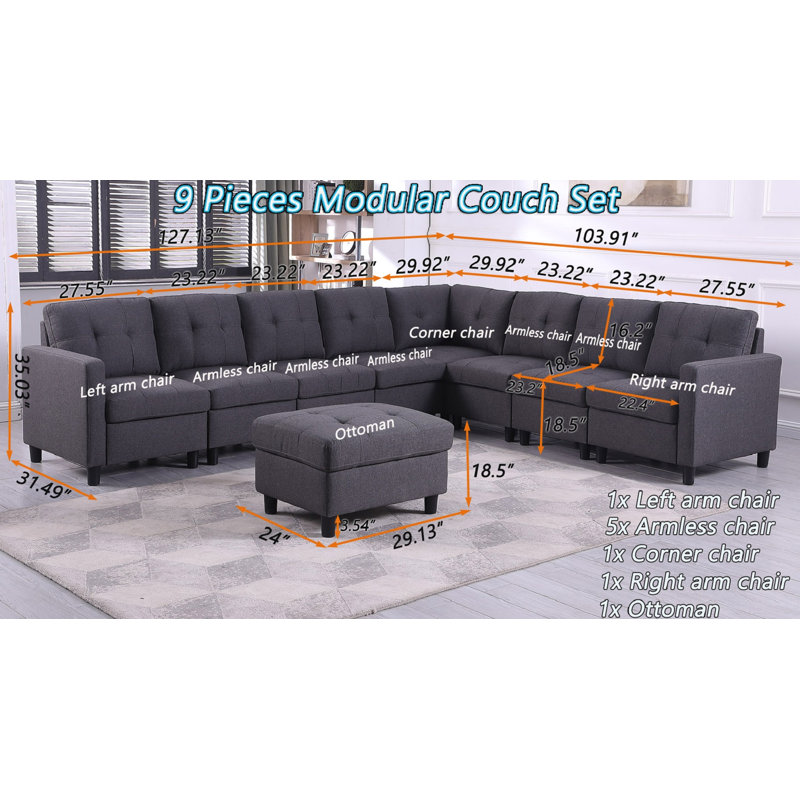 Milou 9 Pieces Modular Sofa Set, Dark Gray Linen Blend