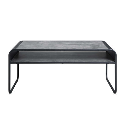 Metal Frame Coffee Table with Open Shelf, Concrete Gray and Black