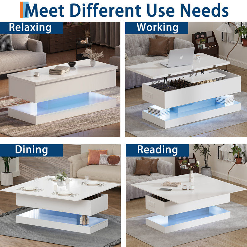 47.2 Inch Large Lift Top Coffee Table Modern High Glossy LED Storage Table with APP Control for Living Room Dining Room Home Office White 47.2"l*19.29"w*17.72"h