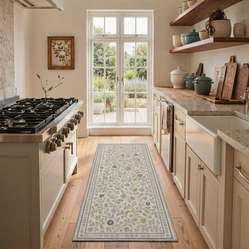 Tapis de couloir floral ivoire / bleu lavable à la machine avec envers antidérapant, Tapis de couloir 2 pi x 6 pi