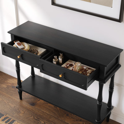 Mid-Century Console Table with 2 Drawers & Open Shelf，Solid Wood Legs Sofa Table (Minimal Assembly Needed)