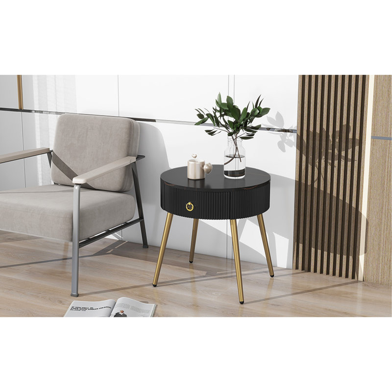 19.6'' Easy Assembly End Tables With High Gloss Faux Marble Tabletops, Black