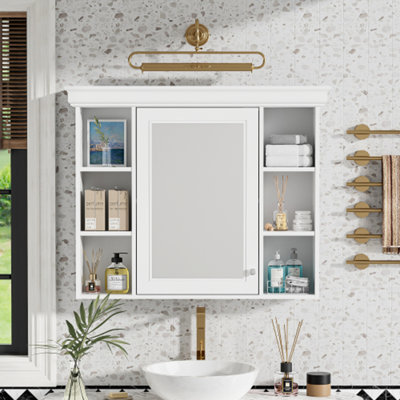 Armoire de rangement murale moderne 35 po x 28 po avec porte miroir et 6 tablettes ouvertes