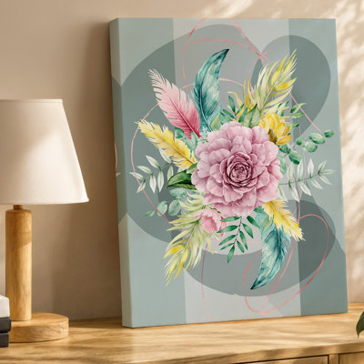 Canvas A Beautifully Arranged Composition Of Soft Watercolor Style Florals And Wall Art Leaves Featuring A Large Blush Pink Flower At Canvas Wall Art