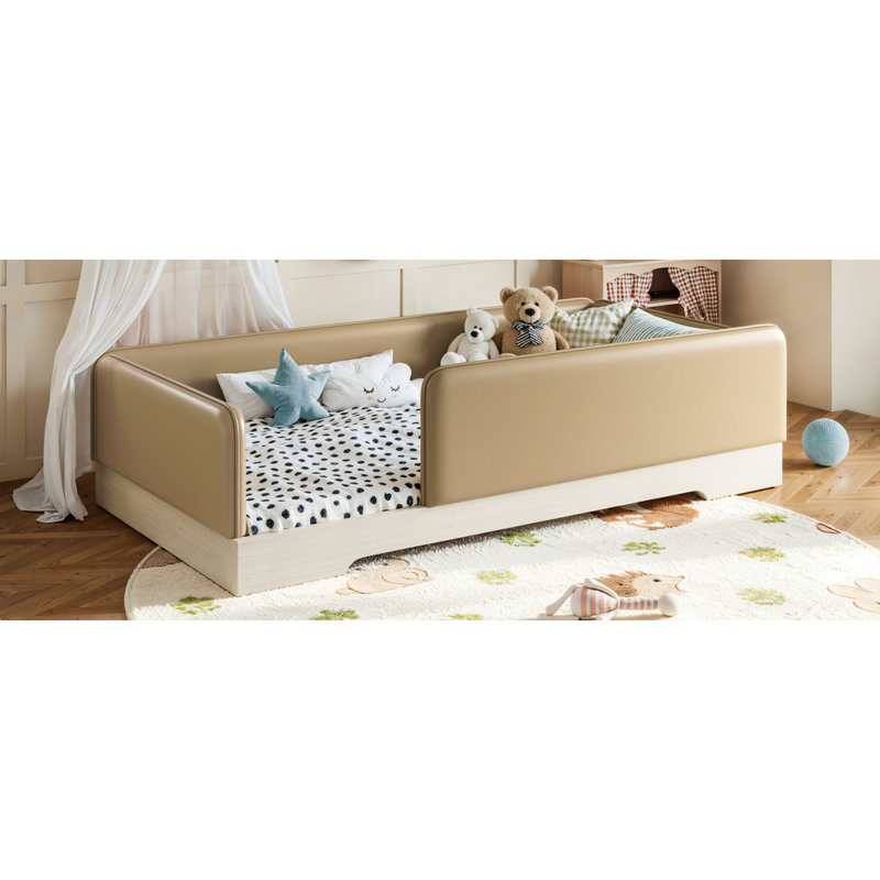 Lit simple tapissier pour enfants, cadre de lit Montessori en similicuir avec garde-corps amovibles, lit plateforme à profil bas pour garçons filles, brun