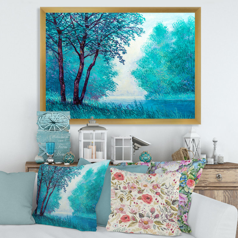 «Blue Colored Tree Impression III», peinture sur toile, Encadrement doré, H 16 po x l 32 po x p 1 po