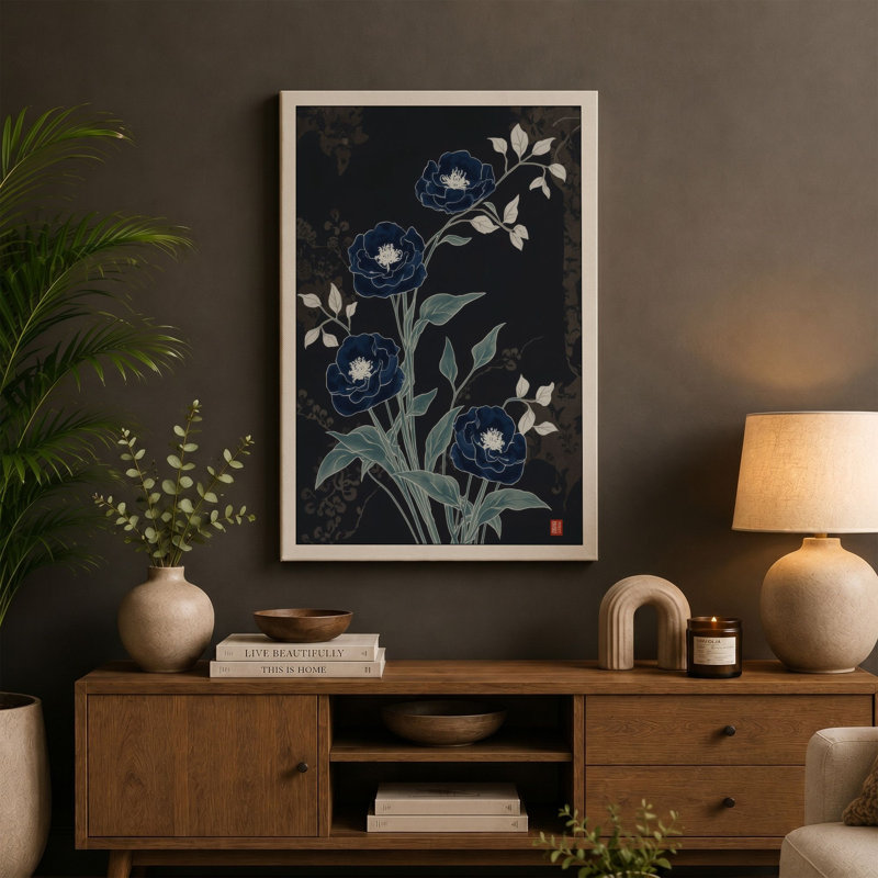 Moonlit Indigo Blooms Botanical - Wrapped Canvas, 24x16 - 61.0 x 40.6 cm, Ochre Border
