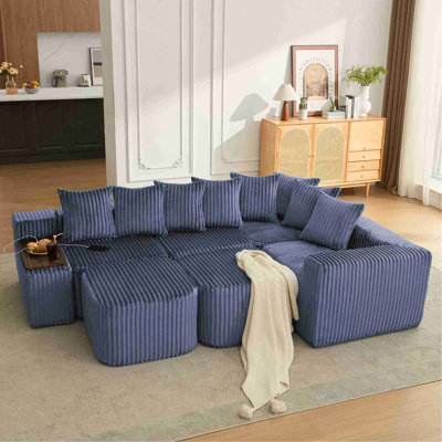 137.5" U Shaped  Sofa , USB & Wireless Charge, Coffee Table Board With a Cup Holder, Oversize Movable Modular Sofa,Movable Footstool,No Assembly,6 Seats,Corduroy,Blue