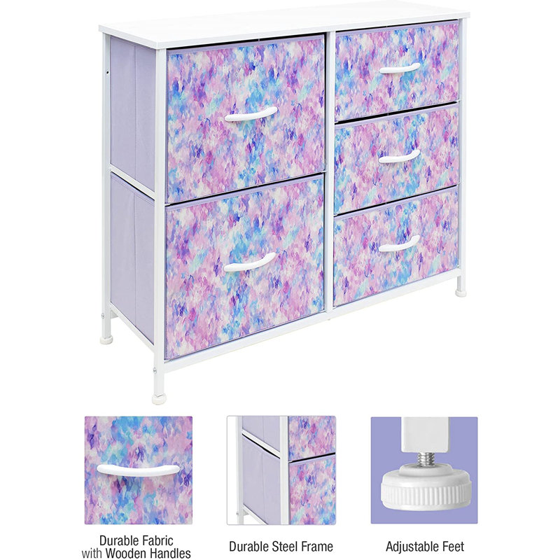Sorbus 5 Drawers Dresser with Steel Frame and Wood Top, Tie-dye Blue/Pink/Purple