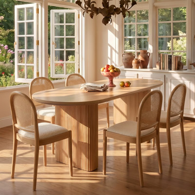Ensemble de 6 chaises de salle à manger en rotin, chaises de salle à manger rembourrées en lin avec dossiers, chaises de cuisine modernes avec pieds en bois pour la salle à manger