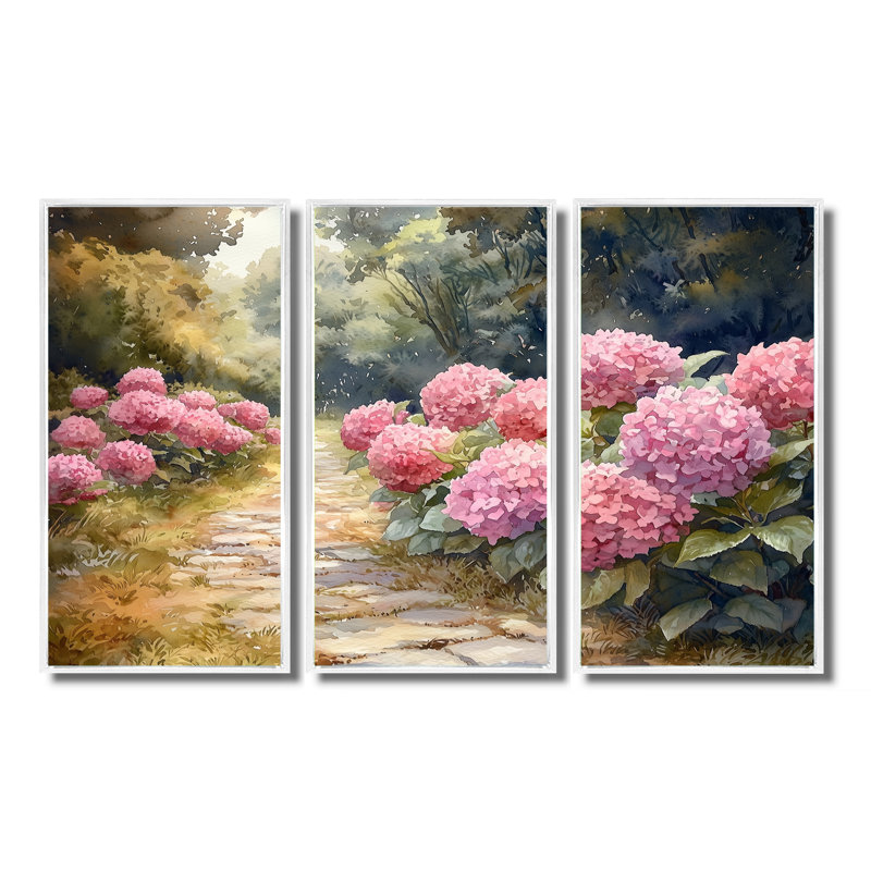 Hortensias par le chemin de pierre I - art mural hydrangées - 3 panneaux, H 28 po x l 36 po, Blanc