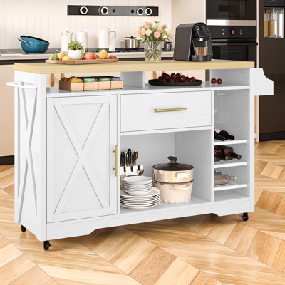 Nixon 53" Rolling Kitchen Cart Island with Solid Wood Tabletop & Power Outlets by Laurel Foundry Modern Farmhouse