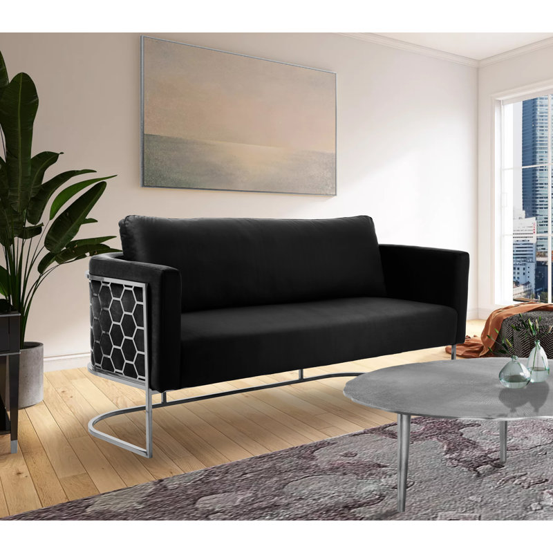 Casa 75.5'' Velvet Sofa, Black Velvet, Chrome