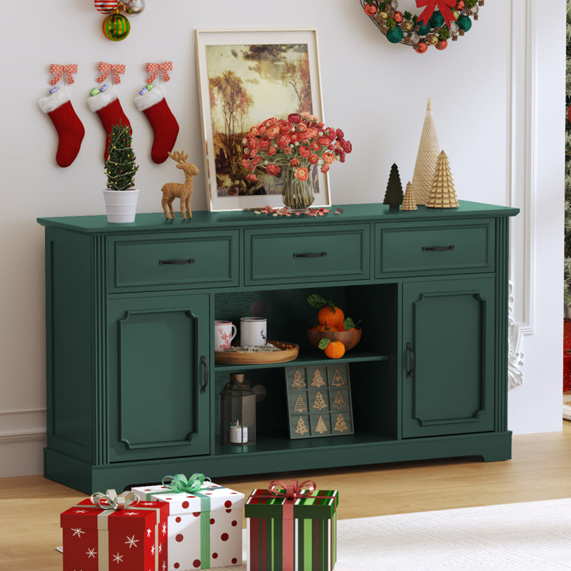 Meuble télé Farmhouse rustique avec tablettes intérieures réglables et tiroirs de rangement, console média en bois pouvant accueillir un téléviseur de 65 po ou moins dans le salon